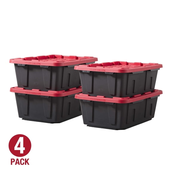 (Pack of 4) Hyper Tough 17 Gallon Medium Storage Bin Low Profile with Snap Lid, Black and Red, Heavy Duty Plastic Storage Container