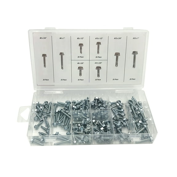 Hyper Tough Zinc Plated Steel Self Drilling Screw Set with Clear Case, 180 Piece