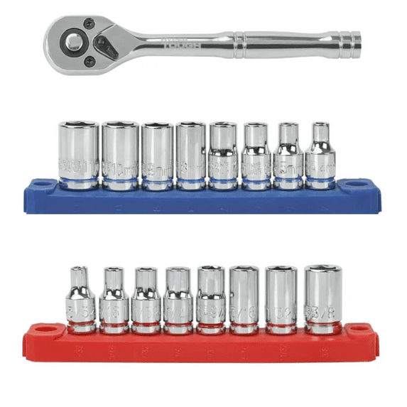 Hyper Tough 19-Piece 1/4-Inch Drive Ratchet and Socket Set, SAE and Metric
