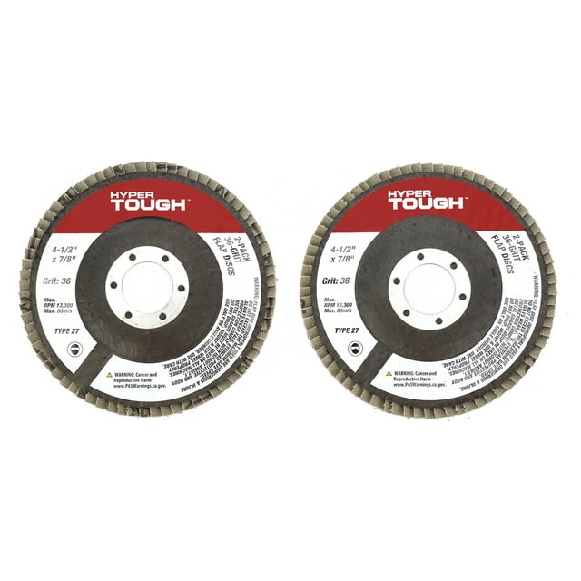 Hyper Tough 2 Pack 36 Grit Flap Discs 4-1/2 inch Diameter with 7/8 inch Arbor, Color Brown, New Condition, Fiberglass Back Material