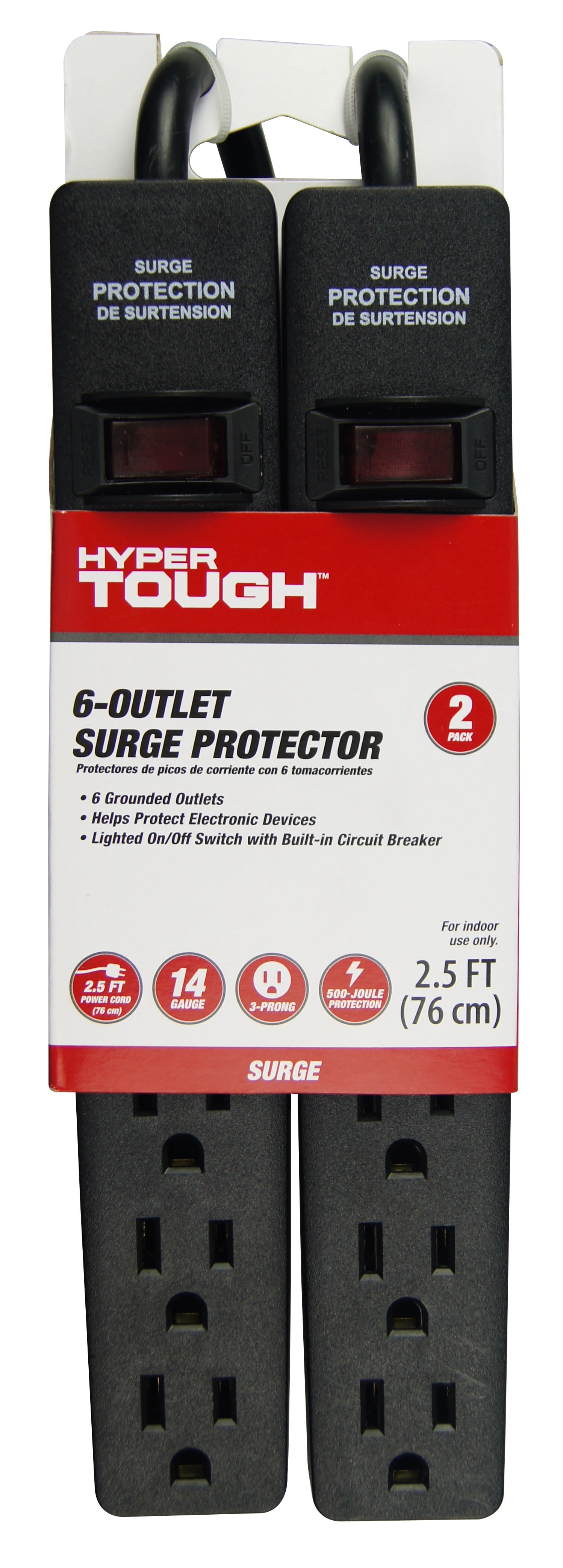 Hyper Tough 2 Pack 6-Outlet Surge Protector with 2.5 ft Cords 500-Joule, Black