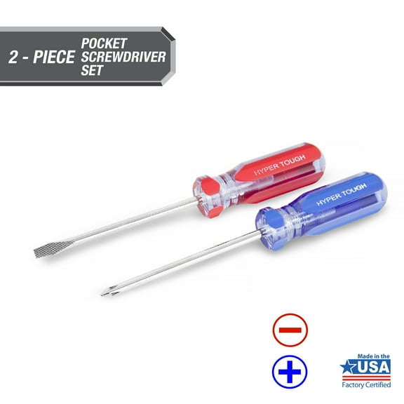 Hyper Tough 2-Piece Acetate Handle Mini Pocket Screwdriver, 4 1/2-inch Screwdriver Set, Includes 1 Phillips & 1 Flat Head