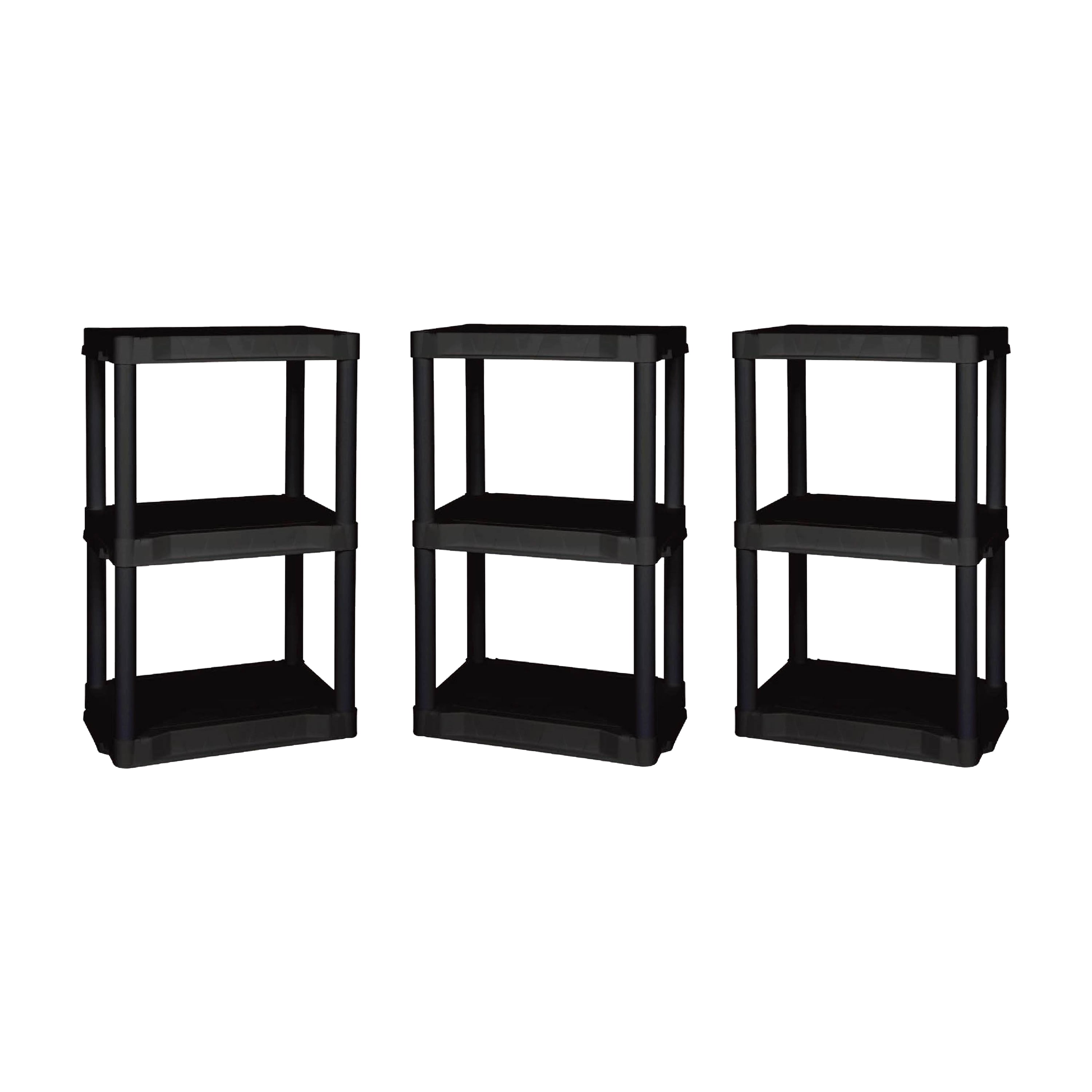 Hyper Tough 20.07"W x 12"D x 32"H 3-Shelf Plastic Garage Shelves, Black, 3 Count, 60 lbs per shelf