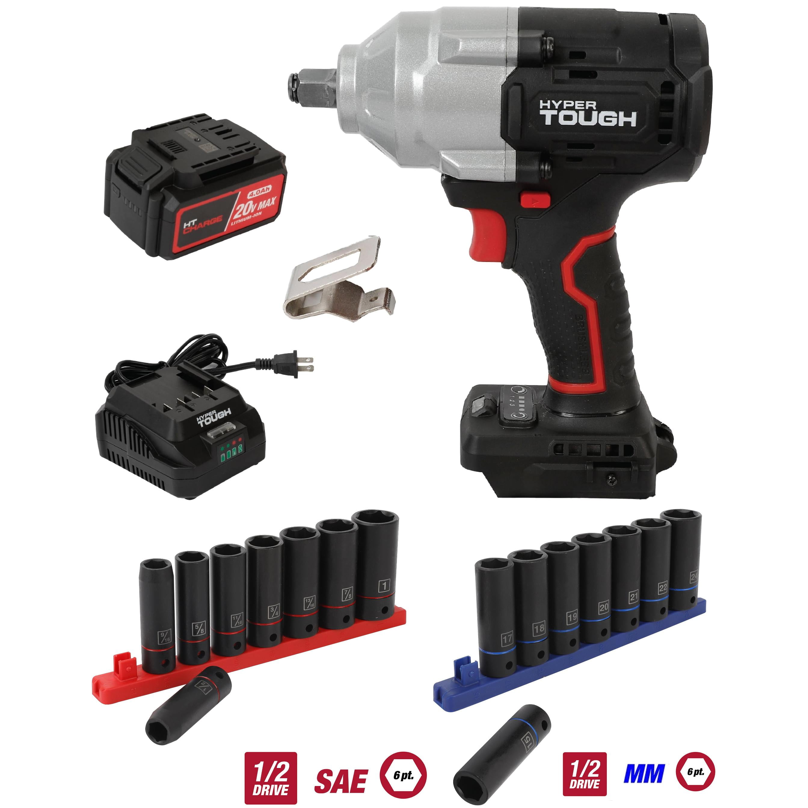 Hyper Tough 20V 1/2-in Mid-Torque Cordless Impact Wrench with 18-Piece 1/2-in SAE and Metric Deep Impact Socket Kit