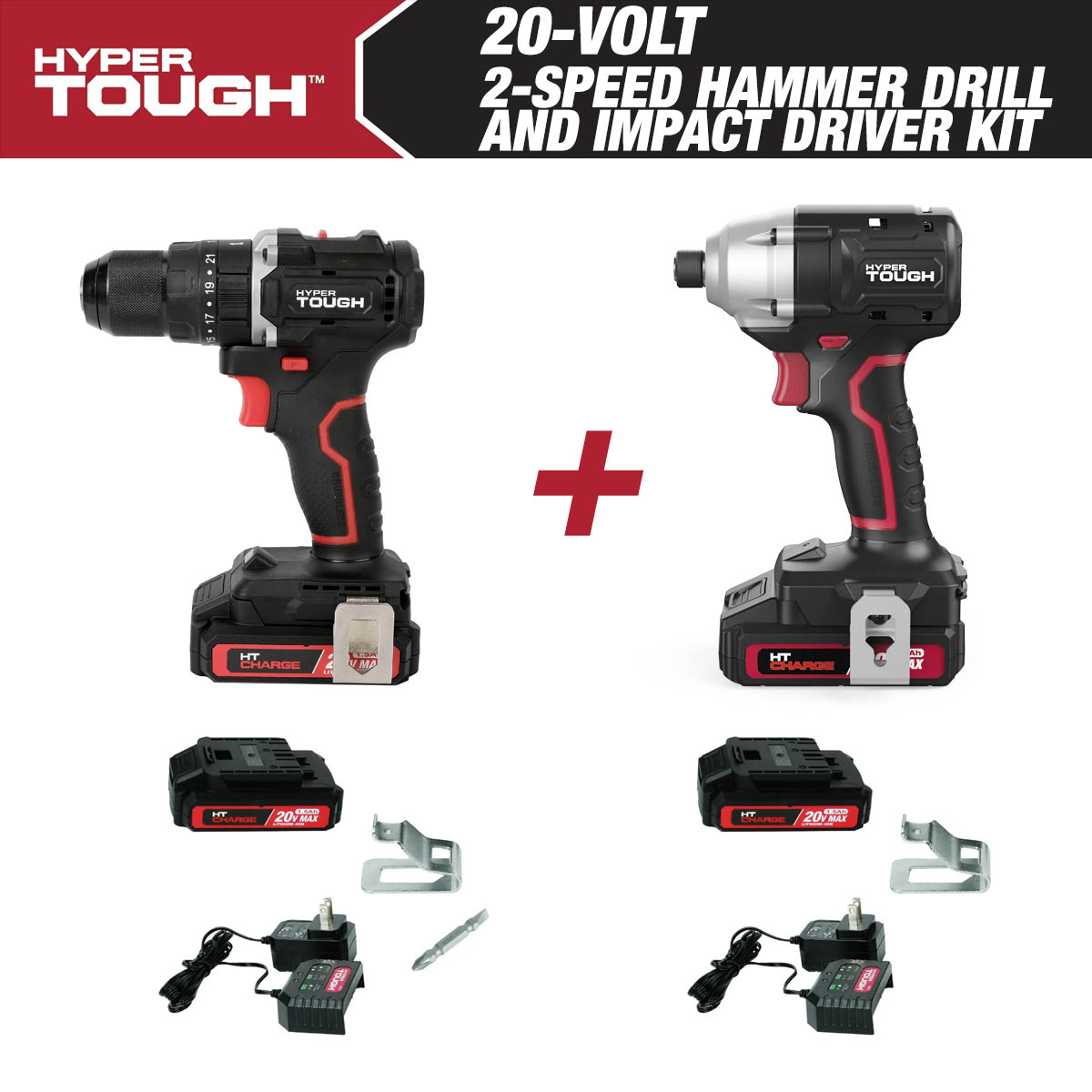 Hyper Tough Paquete de Atornillador de Impacto de 1/4 y Taladro Percutor de 1/2 de 2 Velocidades de 20V, (2) Baterías de Iones de Litio de 1.5Ah y (2) Cargadores