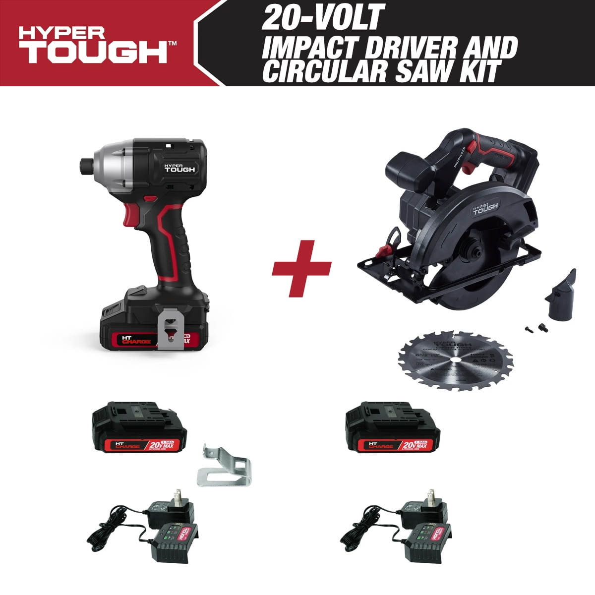 Hyper Tough 20V Cordless 1 4 Impact Driver Circular Saw Bundle 2 1.5Ah Lithium Ion Batteries 2 Chargers Walmart