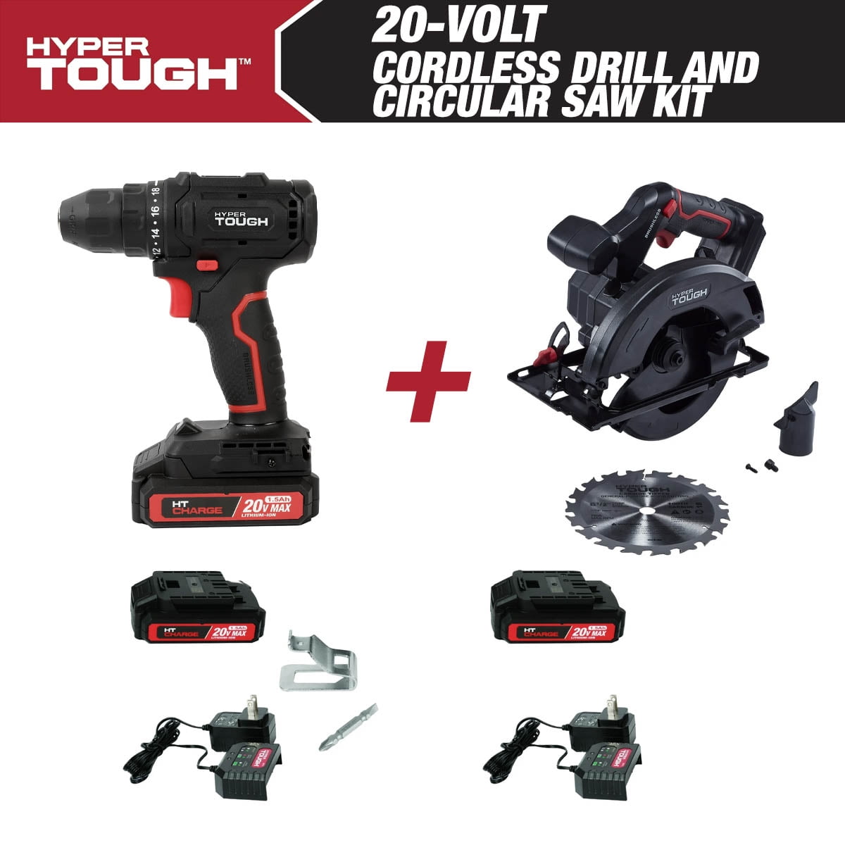 Hyper Tough 20V Cordless 3/8” Drill & Circular Saw Bundle, (2) 1.5Ah Lithium-Ion Batteries & (2) Chargers