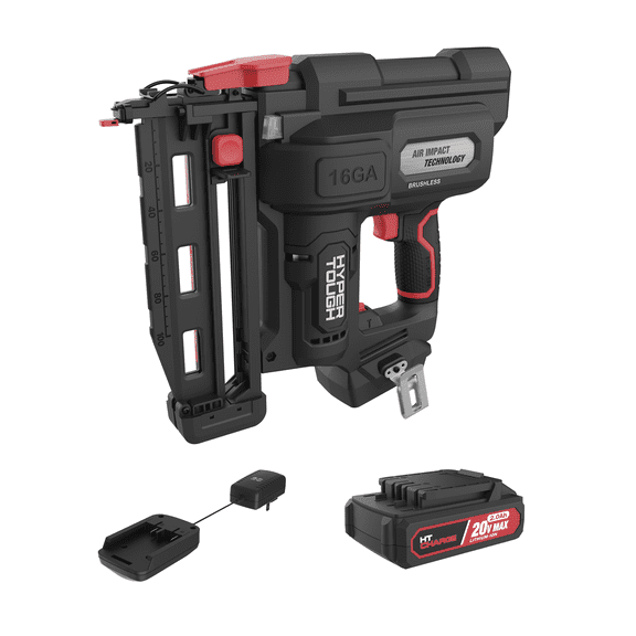 Hyper Tough 20V Cordless Brushless 16-Gauge Finish Nailer Kit with 2 Ah Lithium-Ion Battery and Charger