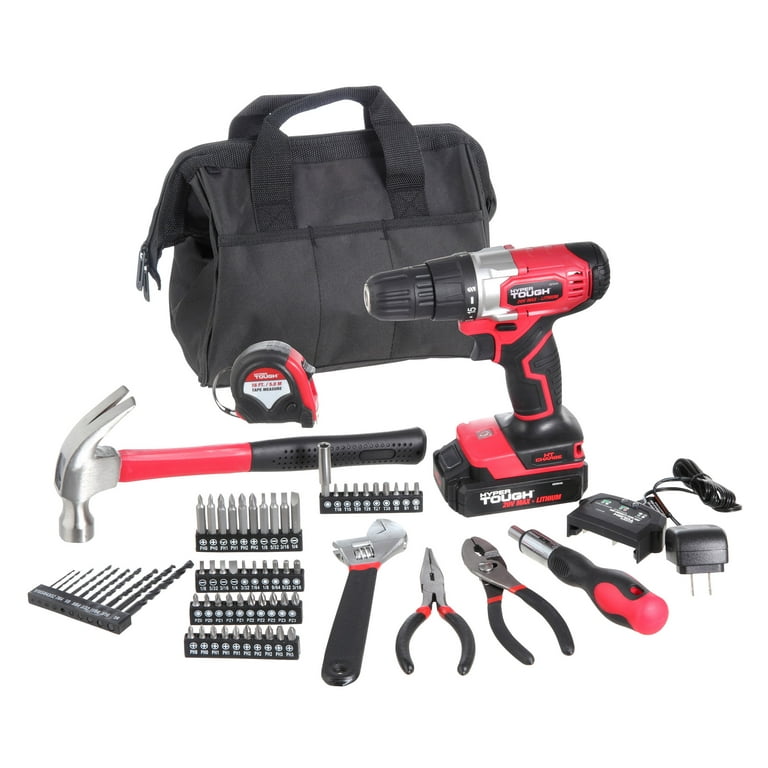 Hyper Tough 20V Max Lithium-Ion 3/8 inch Cordless Drill 70-Piece Home Tool Set 1.5Ah Lithium-Ion Battery & Charger Bit Holder & Storage Bag