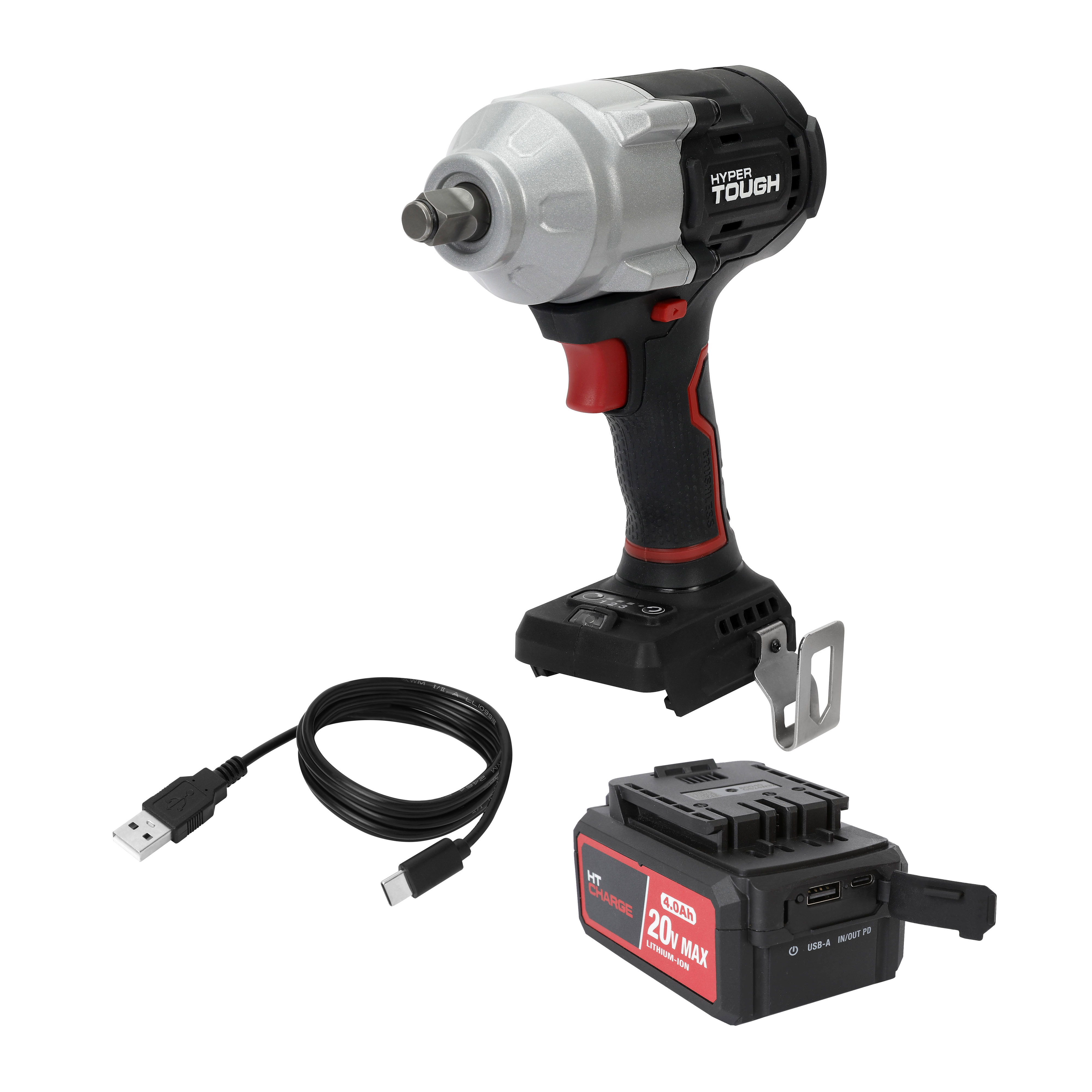 Llave de impacto inalámbrica Hyper Tough 20V Max sin escobillas de 1/2 pulgada, torque medio, 550 lb-pie de torque, en caja abierta
