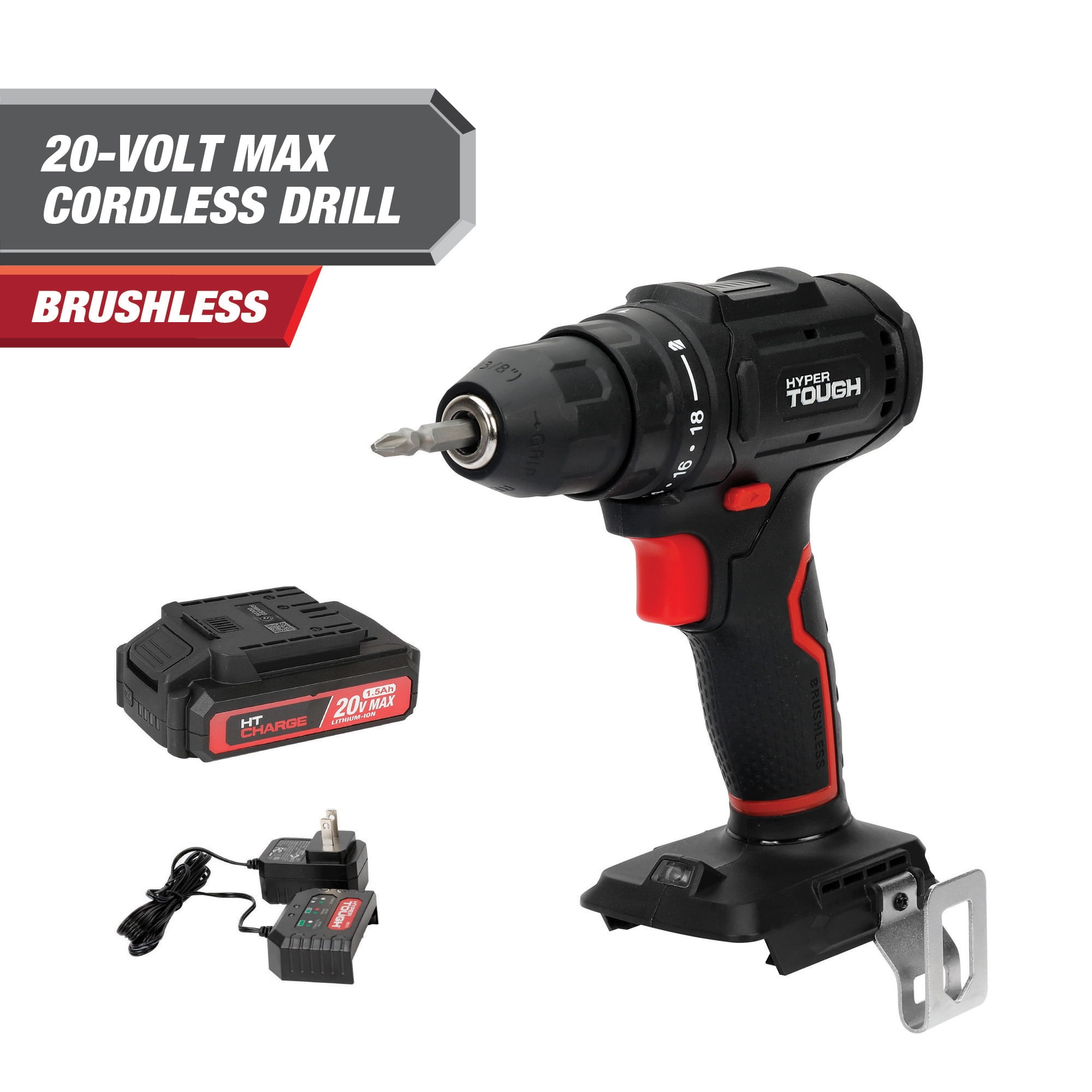 Hyper Tough 20V Max Brushless Cordless Drill Driver with 1.5Ah Lithium-Ion Battery and Charger