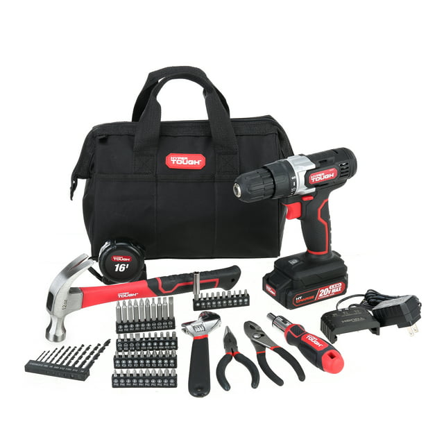 Hyper Tough 20V Max Lithium-Ion 3/8 inch Cordless Drill, 70-Piece Home Tool Set, 1.5Ah Lithium-Ion Battery & Charger, Bit Holder, & Storage Bag