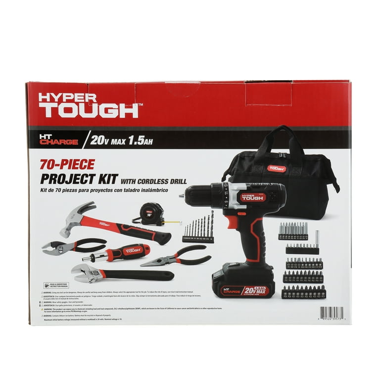 Hyper Tough 20V Max Lithium Ion 3 8 inch Cordless Drill 70 Piece Home Tool Set 1.5Ah Lithium Ion Battery Charger Bit Holder Storage Bag Walmart