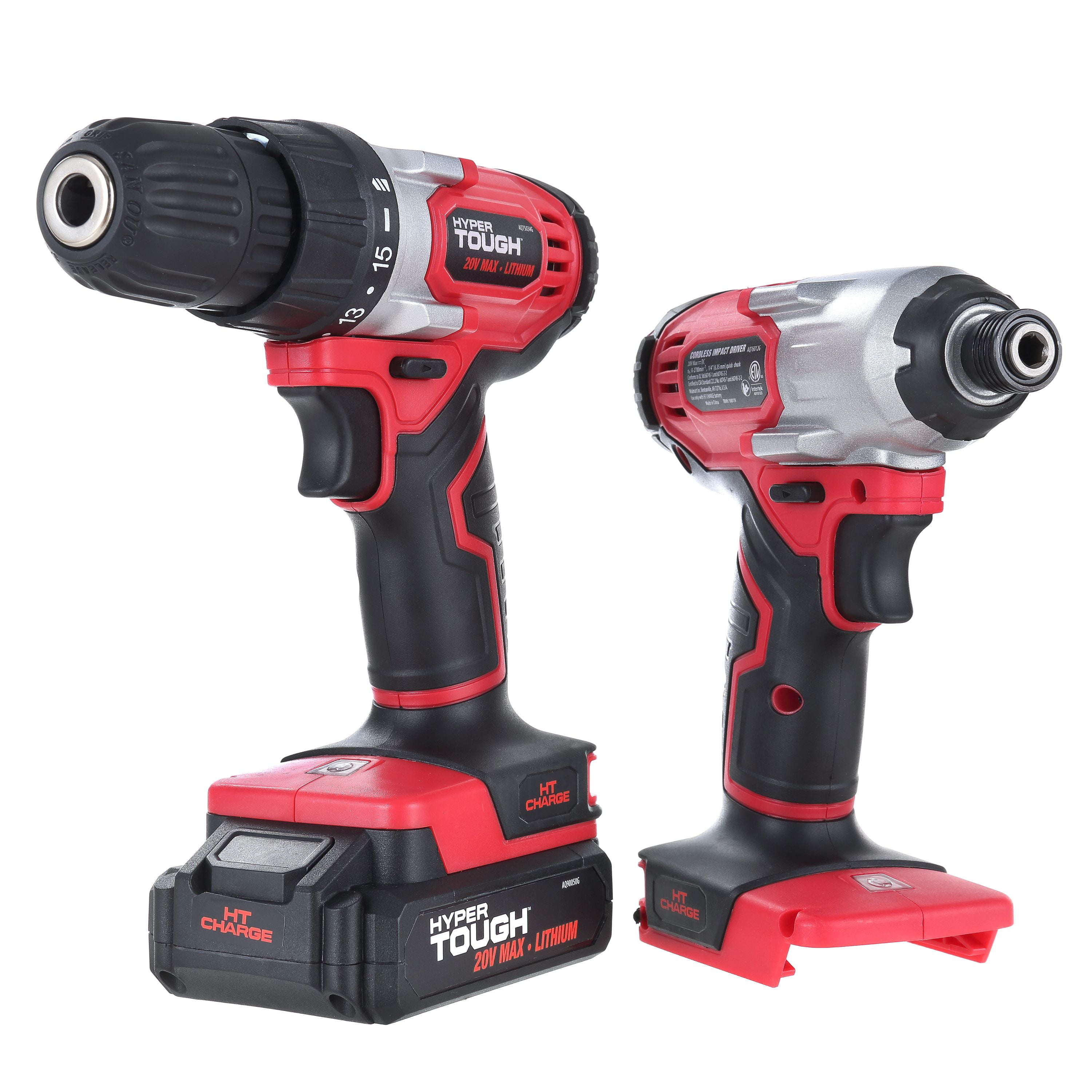 Hyper Tough 20V Max Lithium-ion 3/8 inch Cordless Drill  1/4 inch Impact  Driver Combo Kit (2-Tool Set) with 1.5Ah Lithium-ion Battery, Charger, Bit  Holders  LED Lights