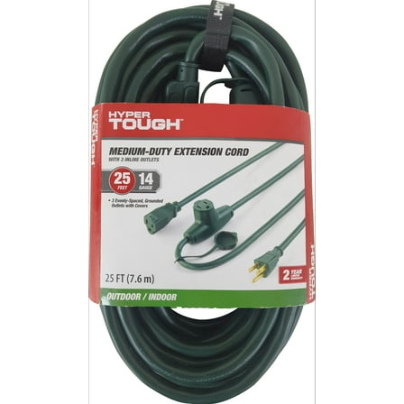 Hyper Tough 25FT 14AWG 3 Prong Green Landscaping Cord, For Indoor and Outdoor Use, 125V, 15A