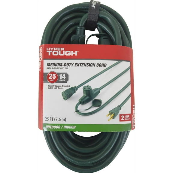 Hyper Tough 25FT 14AWG 3 Prong Green Landscaping Cord, For Indoor and Outdoor Use, 125V, 15A