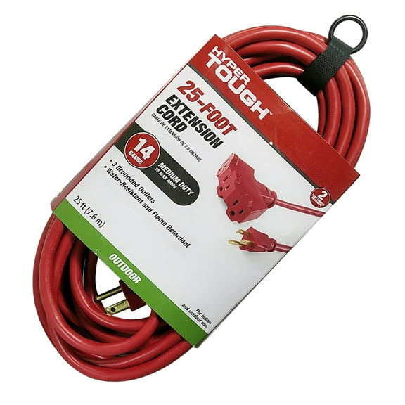 Hyper Tough 25FT 14AWG 3-Prong Red Outdoor Extension Cord with Triple Outlet, 15 Amps