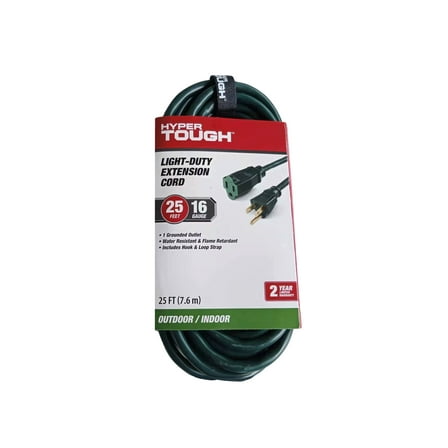 Hyper Tough 25 ft Green 16AWG 3-Prong Single Outlet Outdoor Extension Cord, 13 Amps