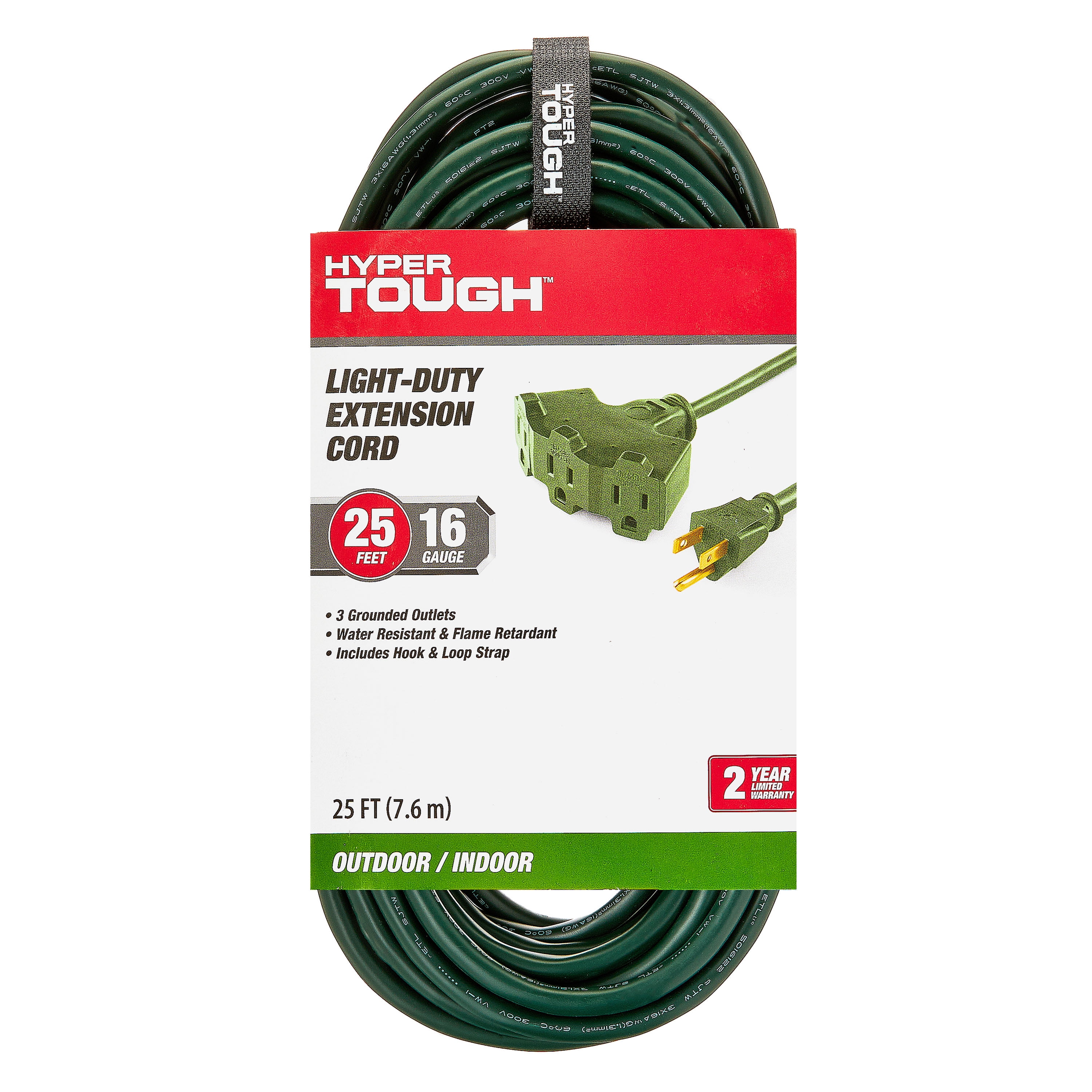 Hyper Tough 25FT 16AWG 3 Prong Green Triple Outlet Outdoor Extension Cord
