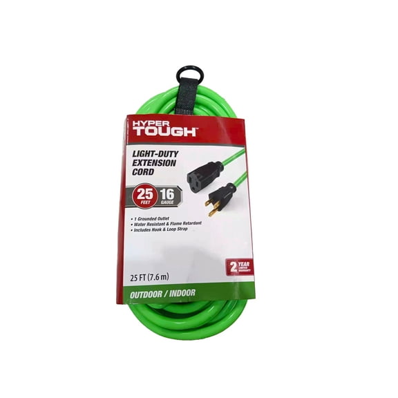 Hyper Tough 25ft 16AWG 3 Prong Hi-Vis Green Single Outlet Outdoor Extension Cord 125V 13A