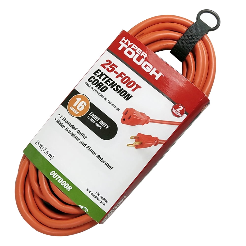 Hyper Tough 25FT 16AWG 3 Prong Orange Outdoor Extension Cord with Single Outlet, 125V, 13A