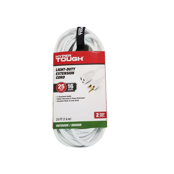 Hyper Tough 25FT 16AWG 3-Prong White Single Outlet Outdoor Extension Cord, 125V 13A