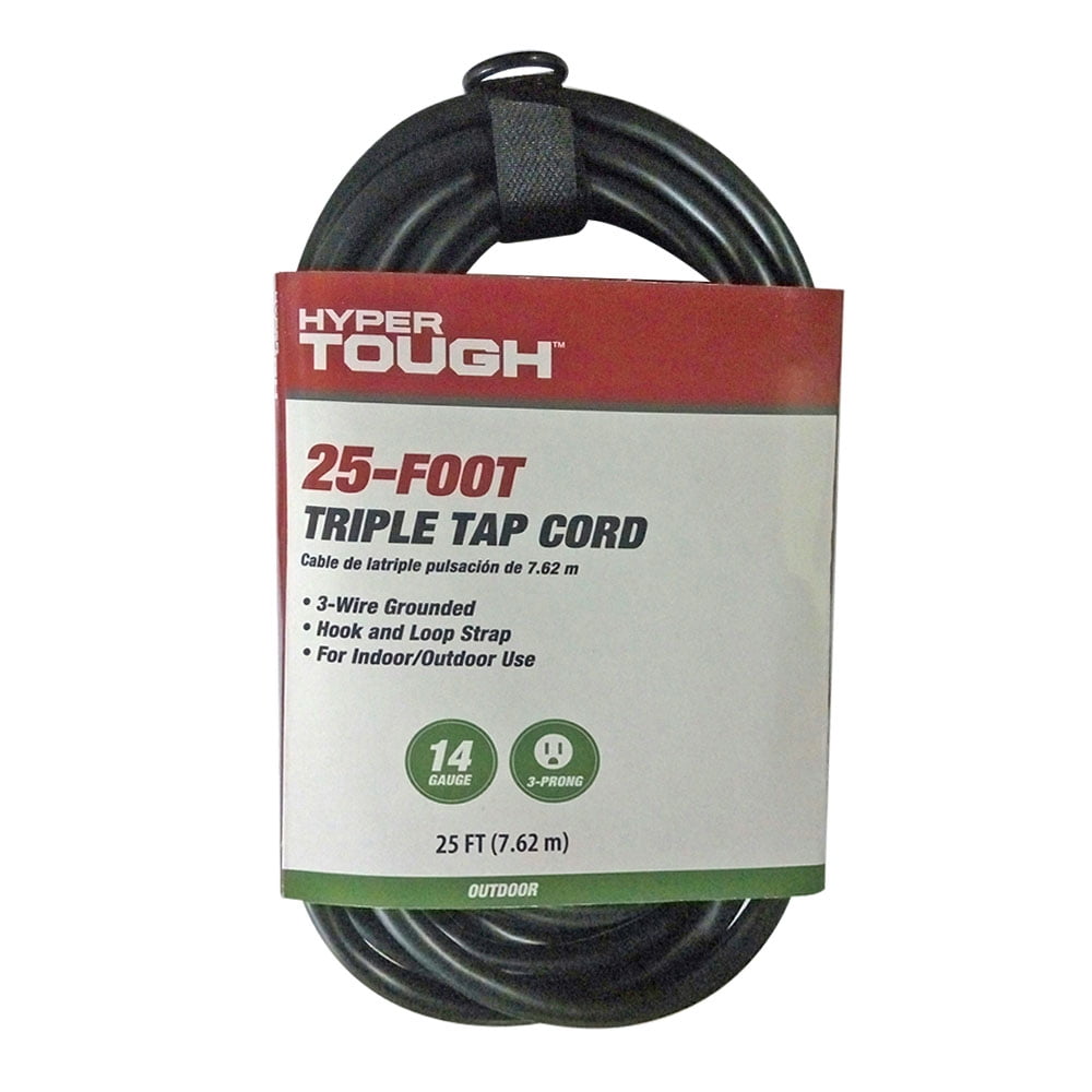 Hyper Tough 25ft SJTW 14/3 Triple Tap Black Outdoor Extension Cord
