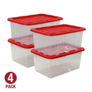 Pack of 4 Hyper Tough 27 Gallon Clear Storage Bins with Red Snap Lids, Heavy-Duty Plastic Containers
