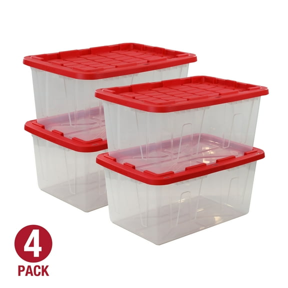 (Pack of 4) Hyper Tough 27 Gallon Clear Storage Bin with Red Snap Lid, Heavy Duty Plastic Storage Container
