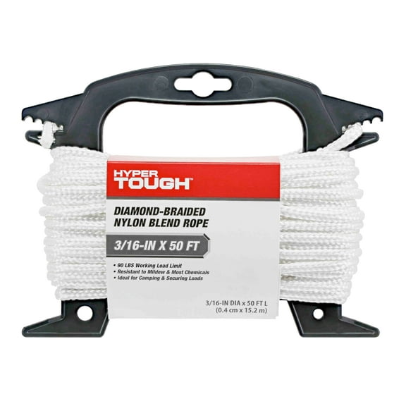 Hyper Tough 3/16" x 50' Nylon Blend Diamond-Braided Rope with Storage Winder, White