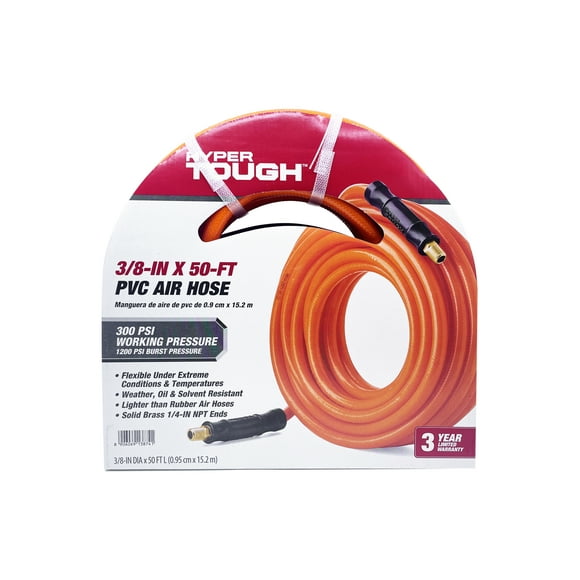Hyper Tough PVC3850 PVC, Brass, Rubber, Orange, Other 0.38 in x 10.8 in Compressed with Couplings Air Hose 0.25 in Air Inlet Size 1/4" NPT Inlet, MNPT 1 Piece 1/4 inch NPT Threads