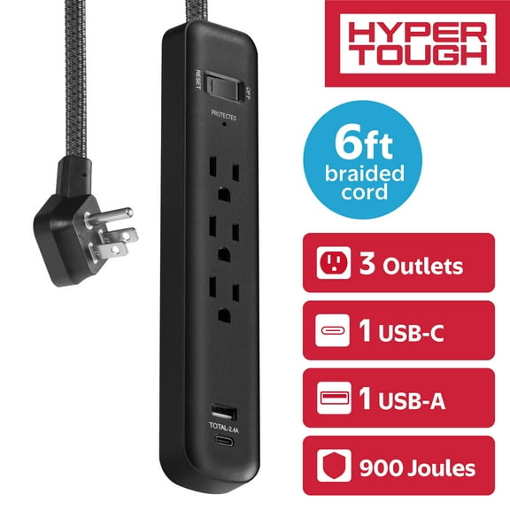 Hyper Tough Surge Protector Power Strip with USB-A & USB-C, 3 Outlets, 6ft Extension Cord, Black