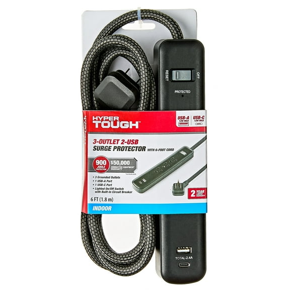 Hyper Tough 3-Outlet 2-USB(1A+1C ) Indoor Surge Protector 900J with 6' Braided Cord, Low Profile Plug 15A 125V, Black