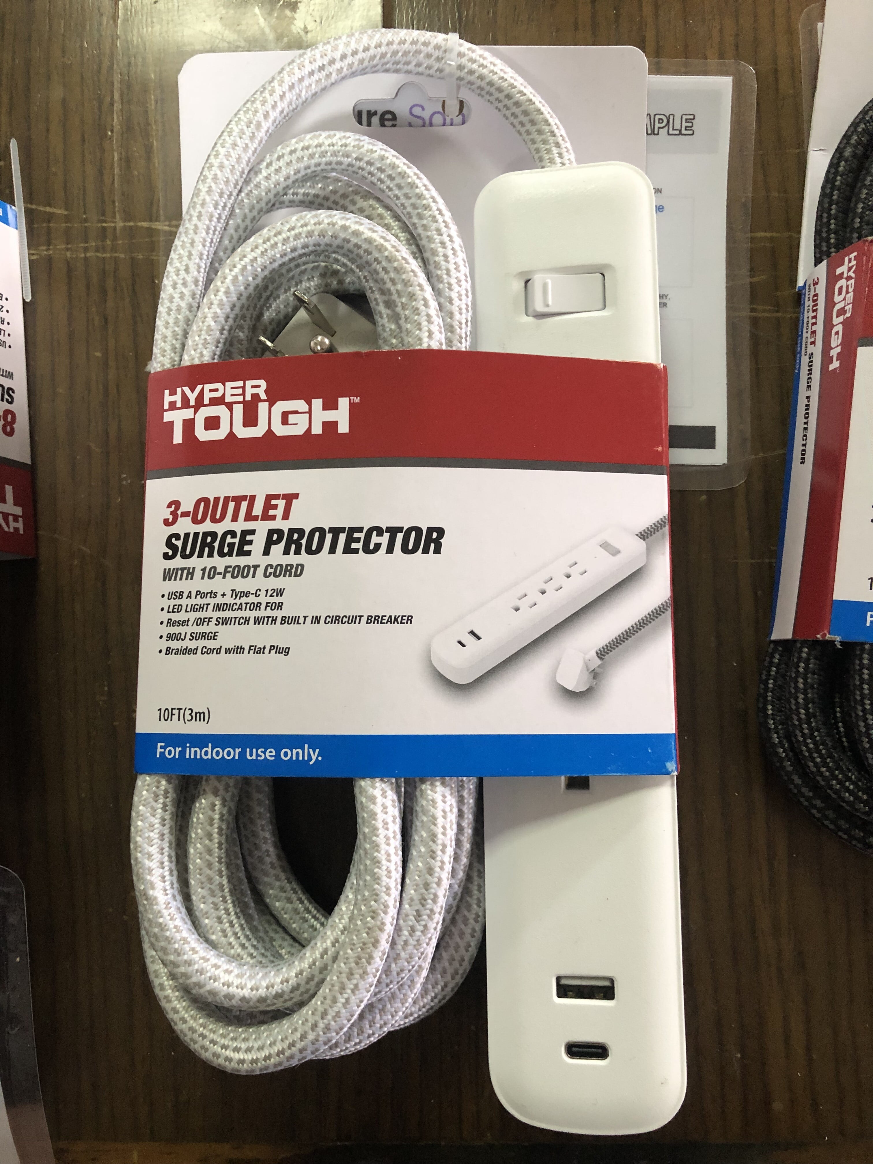 Hyper Tough,3 Outlets,Power Strip,6 Feet with Braided Cord,1UsbA+1UsbC,125V,15A,Surge Protector