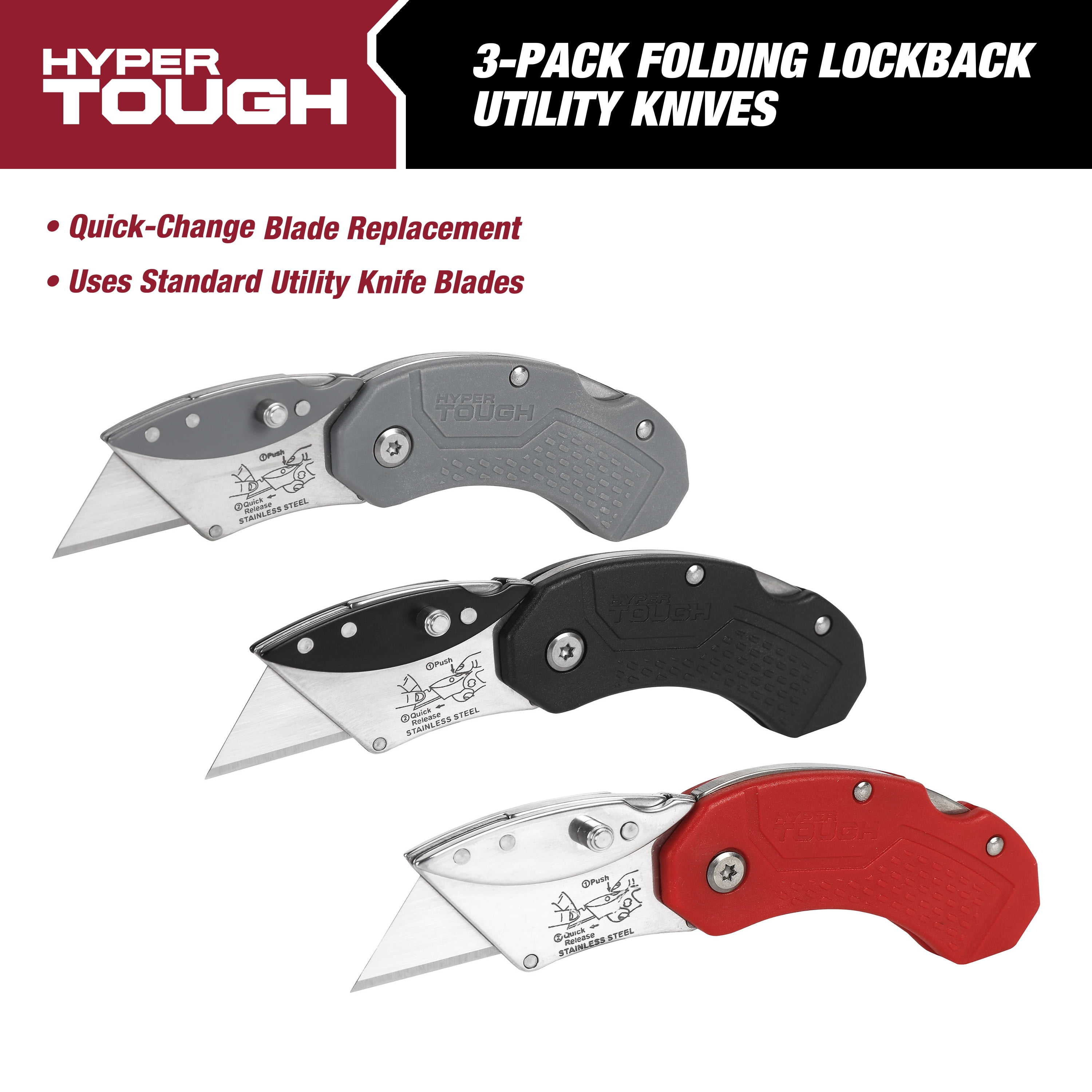 Hyper Tough 4-Piece Folding Utility Knife Set, Includes 29 Blades, Model  41007V 