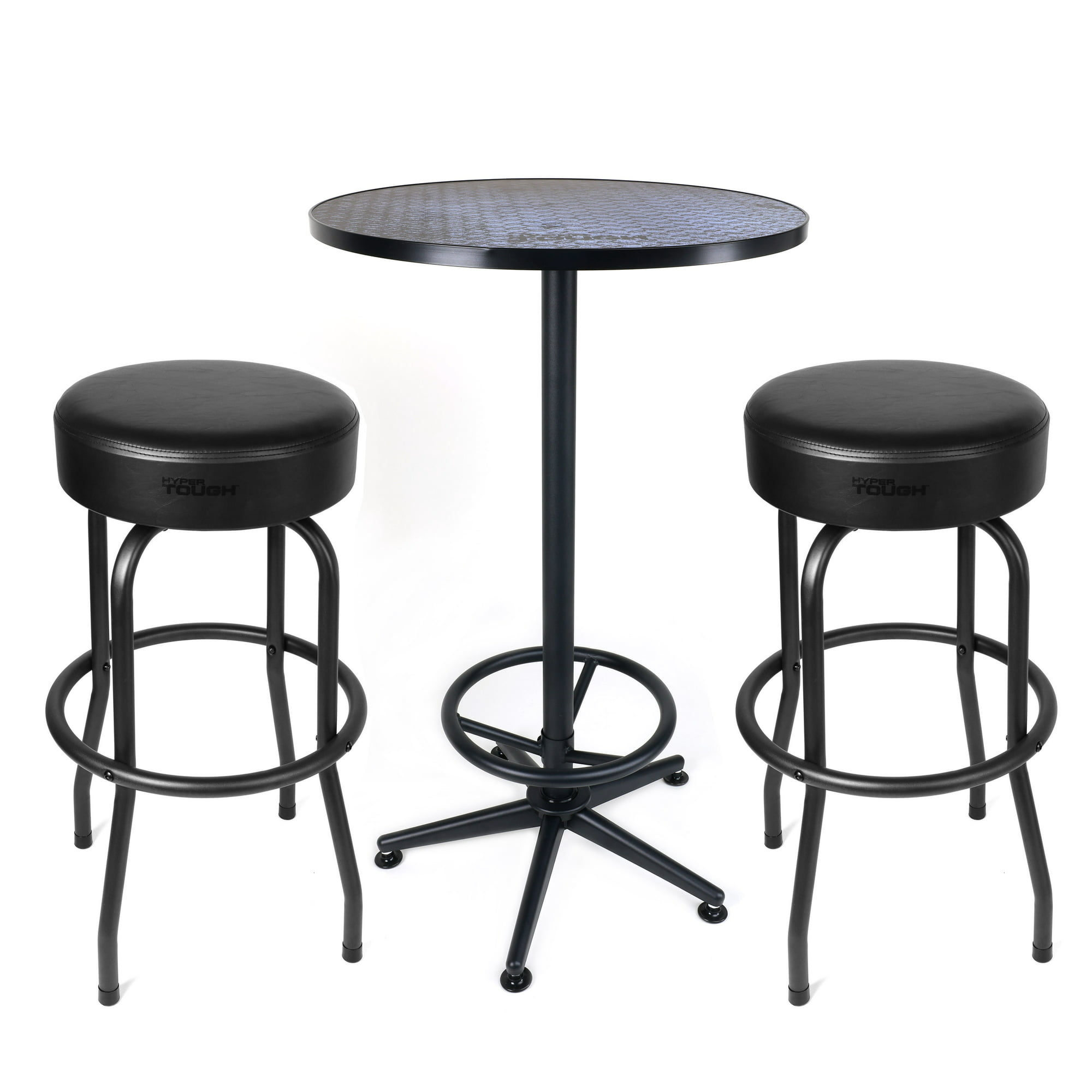 Hyper Tough 3-Piece Shop Table & Stool Set, Bar Height, Pub Table, Workbench, Steel, Diamond Plate