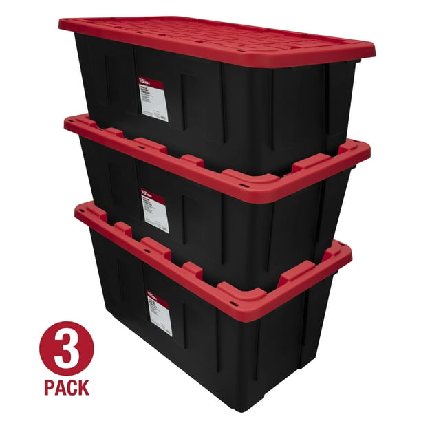 Hyper Tough 40 Gallon Snap Lid Plastic Storage Bin Black Red Set of 3 Walmart Business Supplies