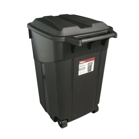 Hyper Tough 45 Gallon Wheeled Heavy Duty Plastic Garbage Can, Attached Lid, Black