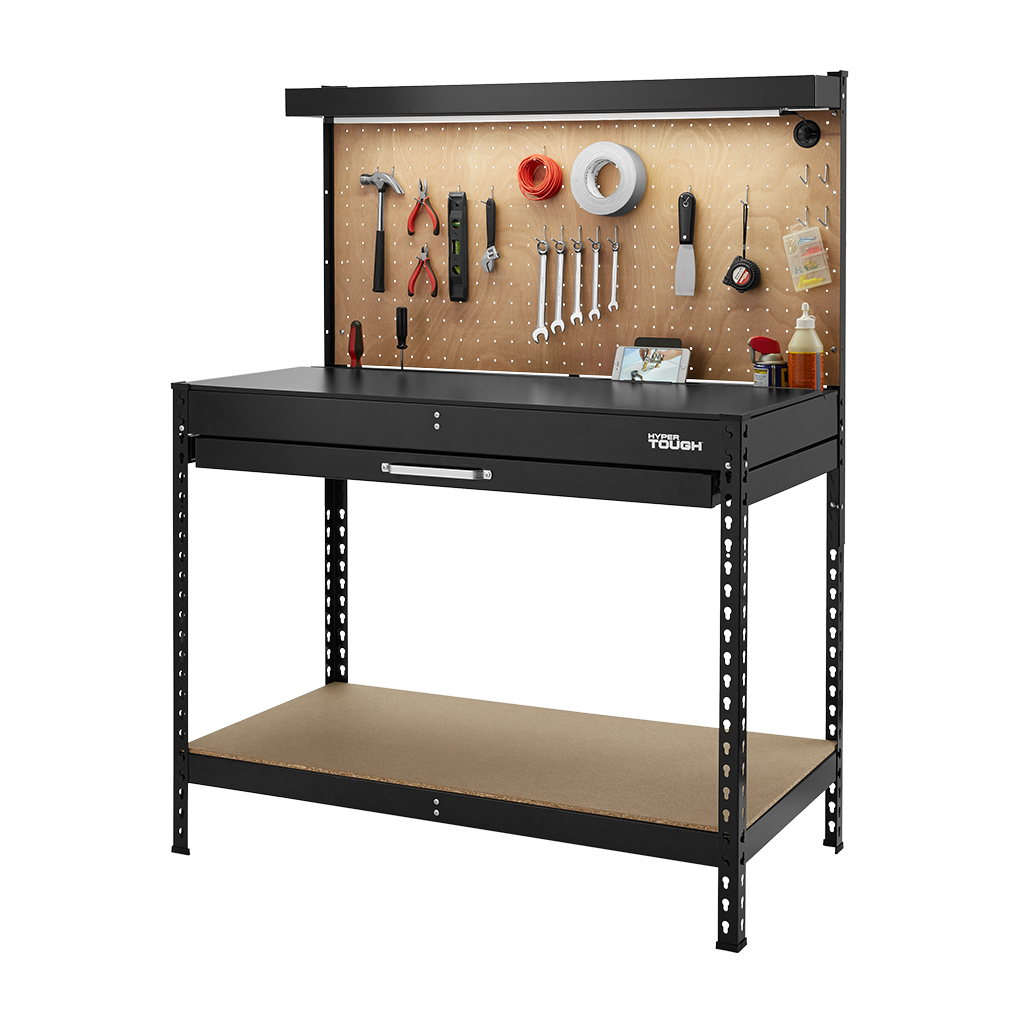 Hyper Tough 46-Inch Easy Assembly Workbench with LED Light, Peg Hooks and Drawer Liners - image 1 of 7