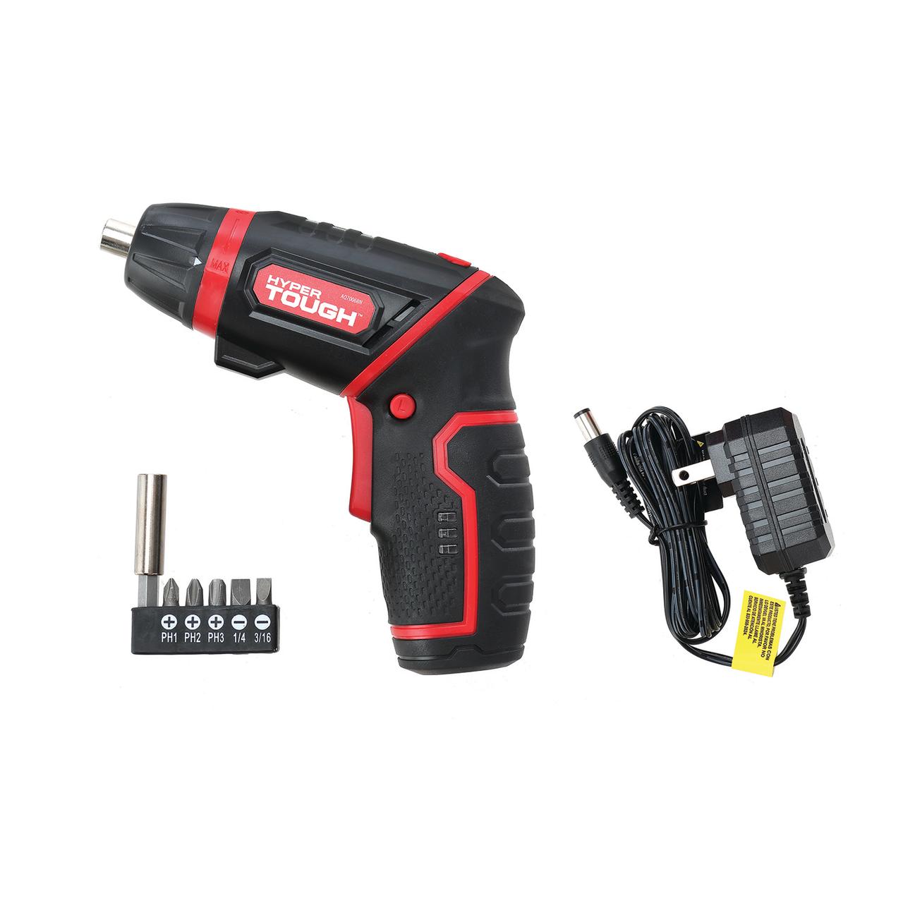 Hyper Tough 4V Max Lithium-Ion Cordless Rotating Power Screwdriver 1/4 inch Size with Charger, Rotating Handle, LED Light, Magnetic Bit Holder & Bits - image 1 of 18