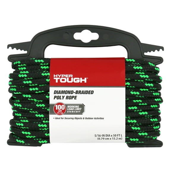 Hyper Tough 5/16” Diamond Braided Polypropylene Rope 50 feet, Black and Green