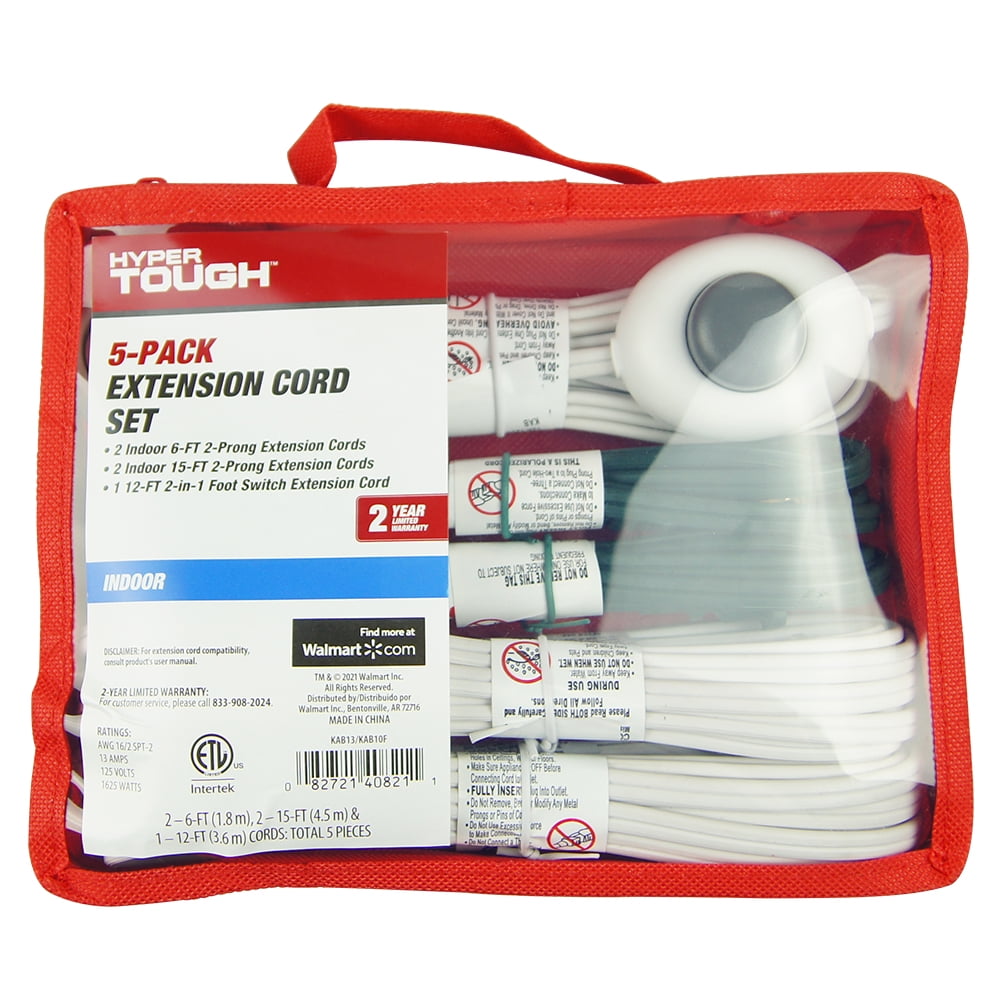 Hyper Tough 5Pack Indoor Extension Cord Set, White and Green