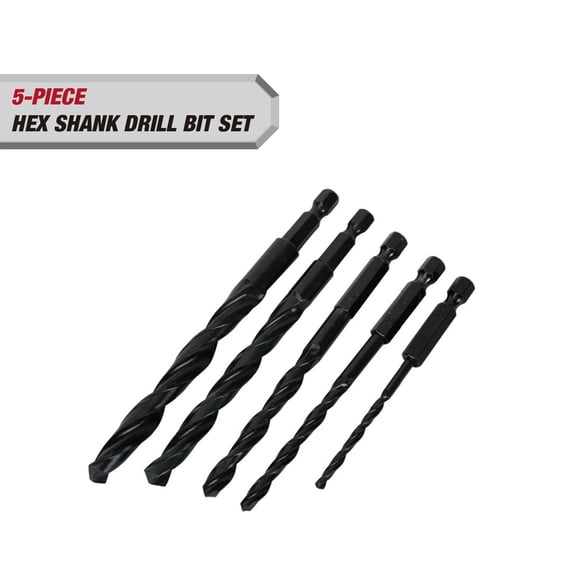 Hyper Tough 5-Piece Drill Bit Set, 1/4-inch Hex Shank, Black Oxide, Model 41024