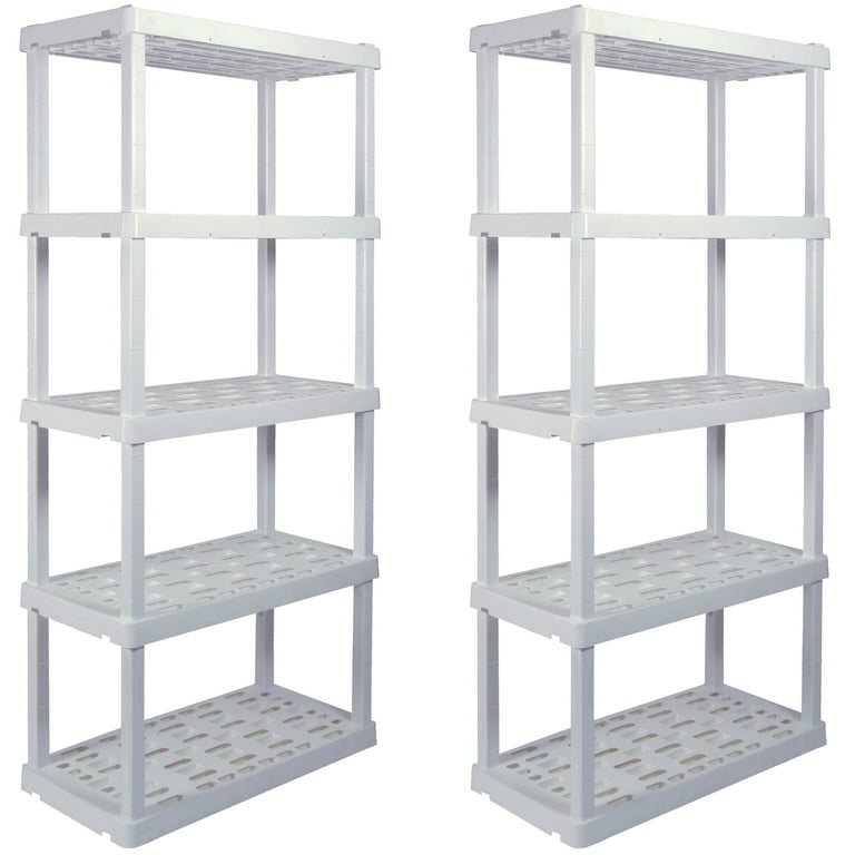 Plastic storage shelves and cabinets