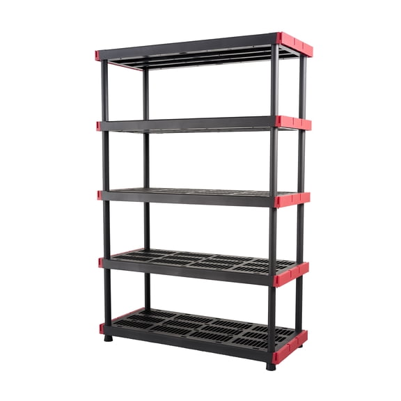 Hyper Tough 5 Shelf Plastic Storage Shelf, 48" W x 20" D x 72" H, Holds up to 1000 lb Total Capacity, Black and Red