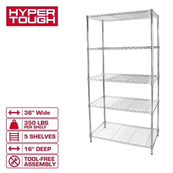 Hyper Tough 5-Tier Wire Storage Shelves, 36"W x 16"D x 72"H, 1750 lb Load Capacity, Chrome