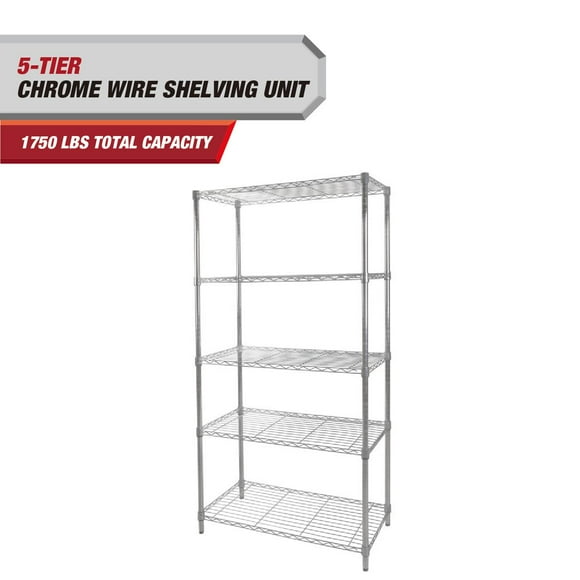 Hyper Tough 5-Tier Wire Storage Shelves, 36"W x 16"D x 72"H, 1750 lb Load Capacity, Chrome
