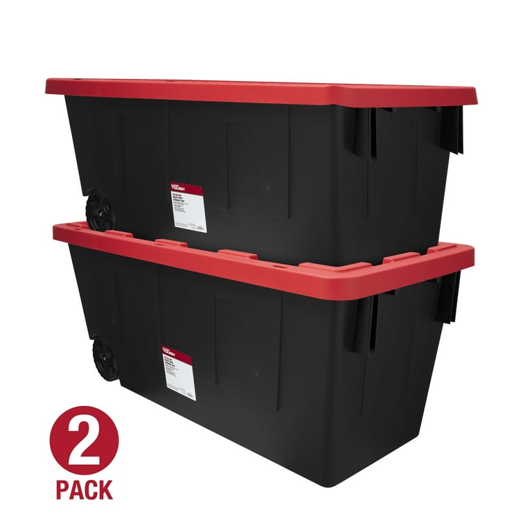 Durable 50 Gal Storage Bin with Wheels, Snap Lid, Black/Red