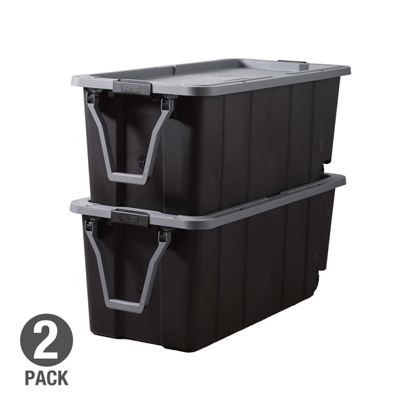 Hyper Tough 50 Gallon Wheeled Storage Bin with Latch Lid and Handle, Pack of 2, Black and Gray