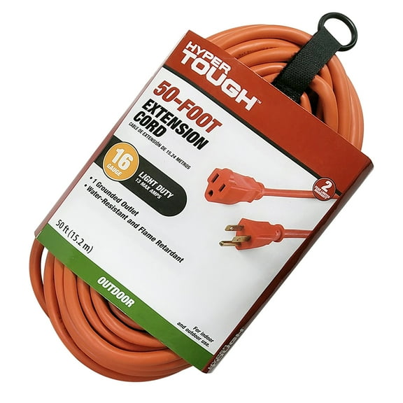 Hyper Tough 50FT 16AWG 3 Prong Orange Single Outlet Outdoor Extension Cord, 125V, 13A